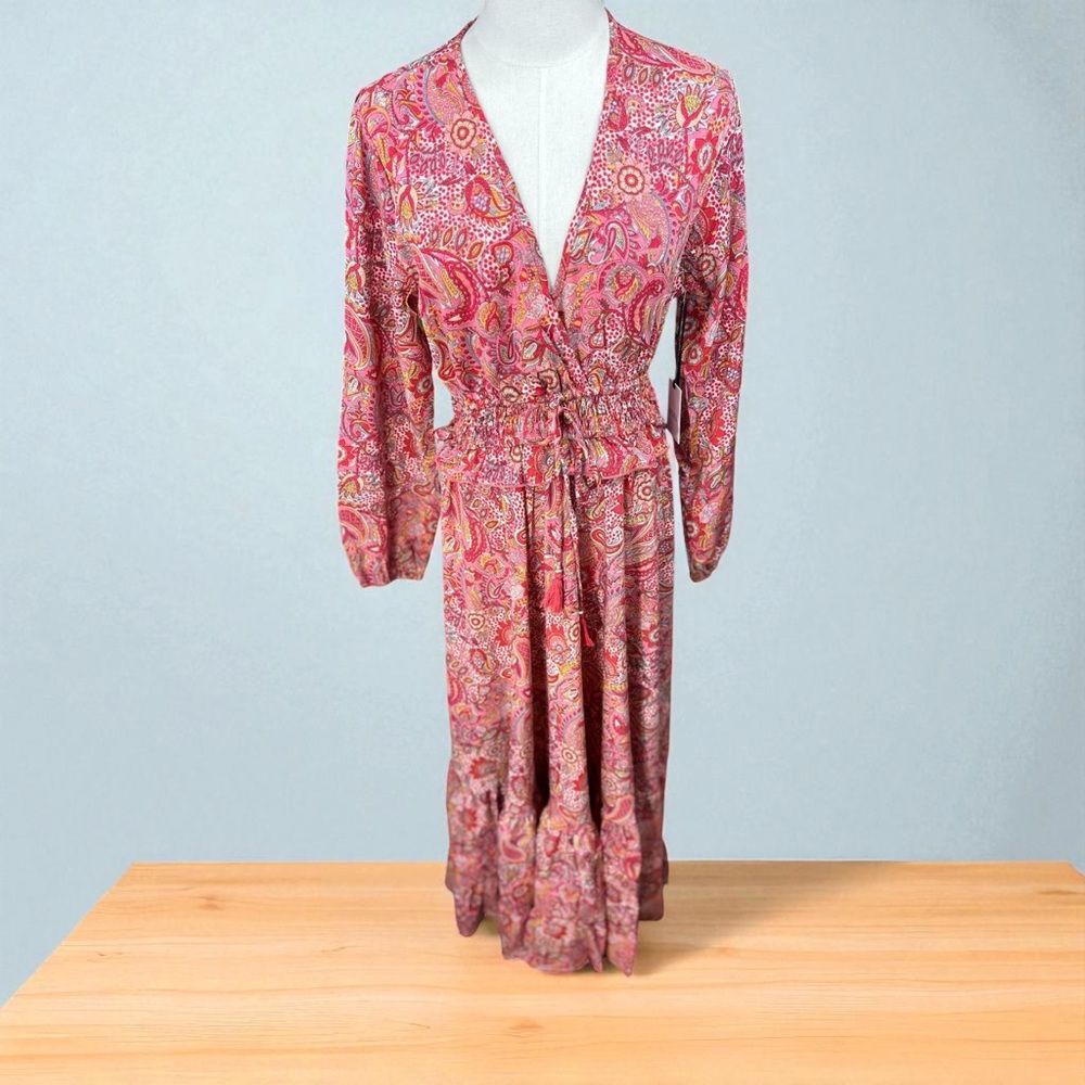 MASALA NWT Size Medium Paisley Floral long Sleeve Pink Midi‎ Dress